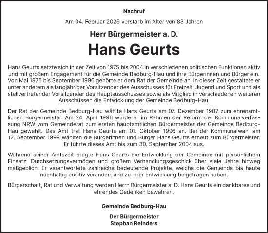 Traueranzeige von Hans Geurts von NNA