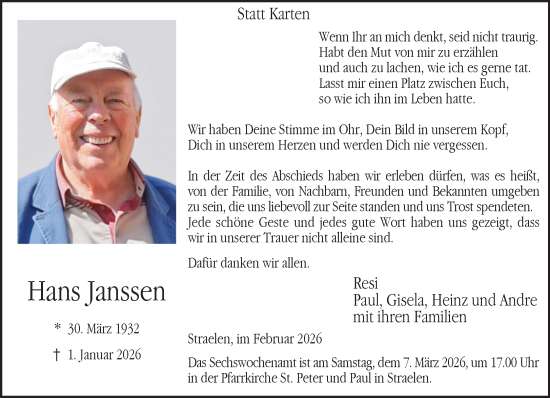 Traueranzeige von Hans Janssen von NNA