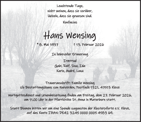 Traueranzeige von Hans Wensing von NNA