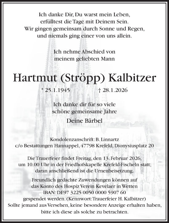 Traueranzeige von Hartmut Kalbitzer von NNA