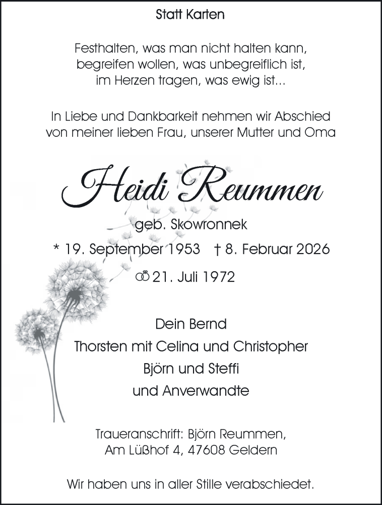  Traueranzeige für Heidi Reummen vom 21.02.2026 aus NNA