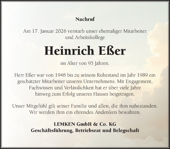Traueranzeige von Heinrich Eßer von NNA