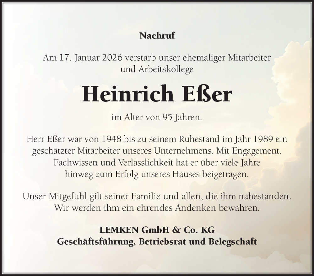  Traueranzeige für Heinrich Eßer vom 07.02.2026 aus NNA