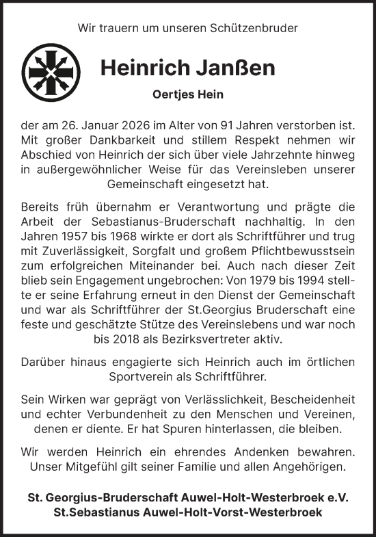 Traueranzeige von Heinrich Janssen von NNA