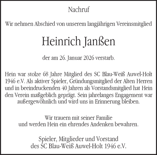 Traueranzeige von Heinrich Janssen von NNA