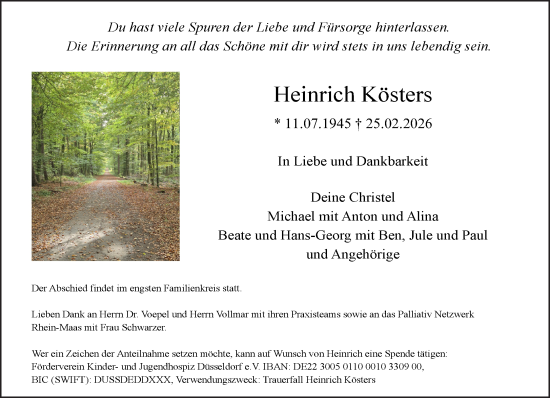 Traueranzeige von Heinrich Kösters von NNA