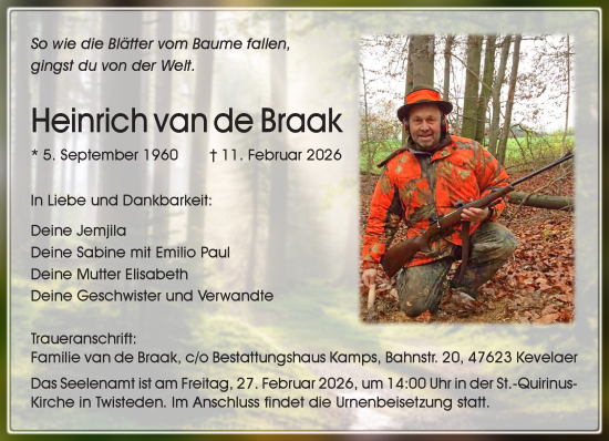 Traueranzeige von Heinrich van de Braak von NNA