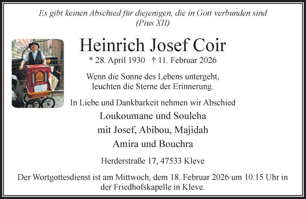  Traueranzeige für Heinrich Josef Coir vom 14.02.2026 aus NNA