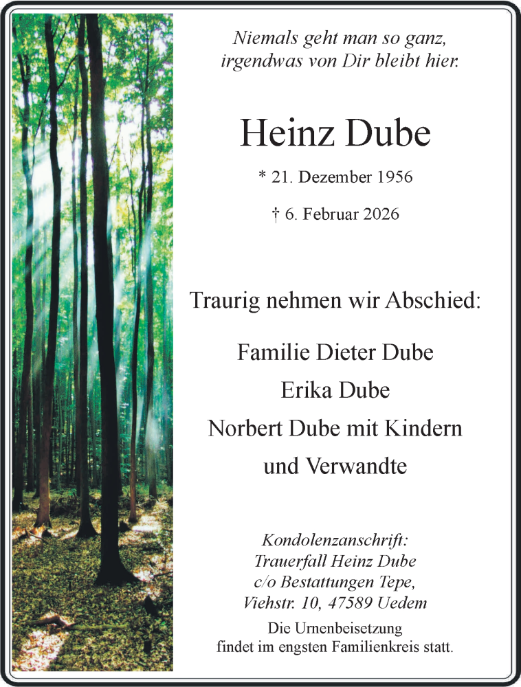  Traueranzeige für Heinz Dube vom 14.02.2026 aus NNA