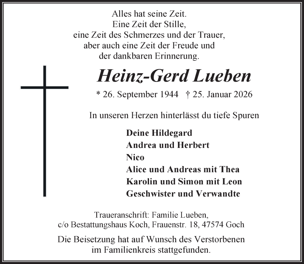  Traueranzeige für Heinz-Gerd Lueben vom 07.02.2026 aus NNA