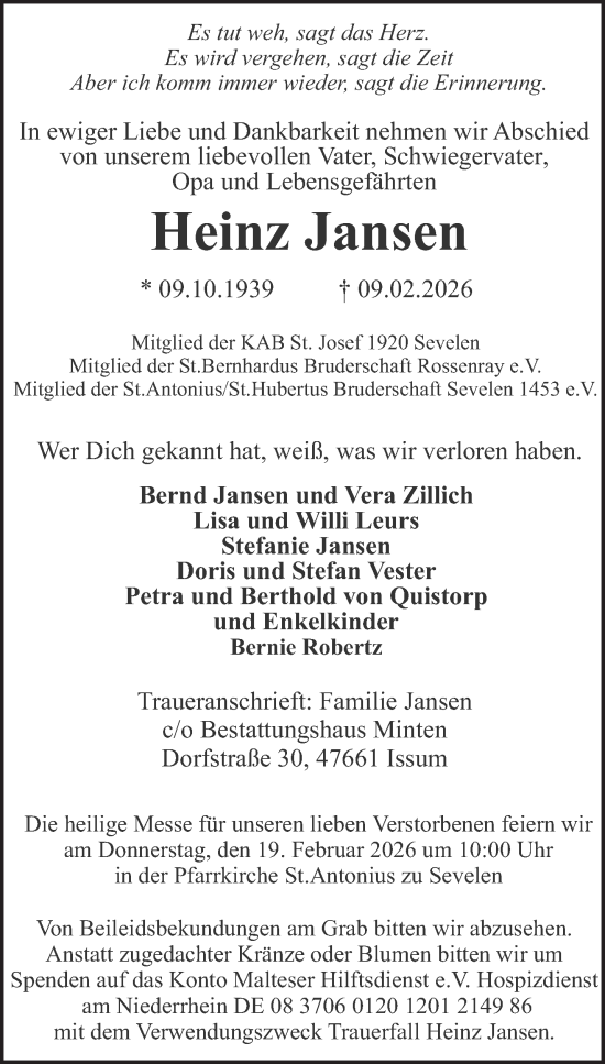 Traueranzeige von Heinz Jansen von NNA