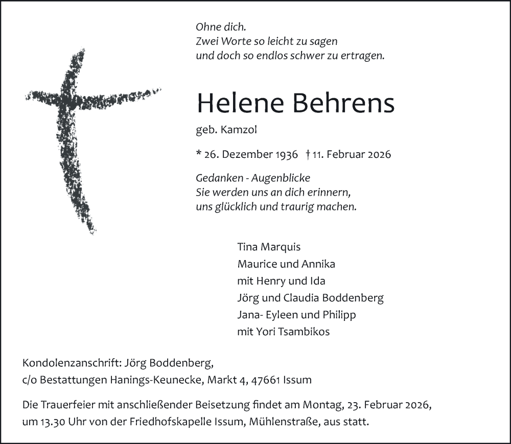  Traueranzeige für Helene Behrens vom 14.02.2026 aus NNA