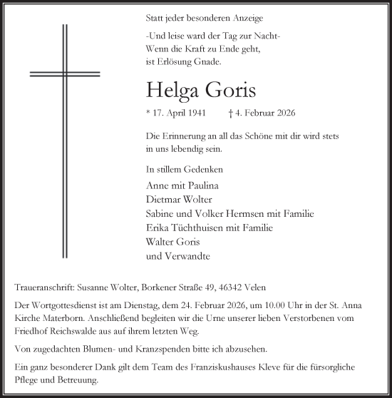 Traueranzeige von Helga Goris von NNA