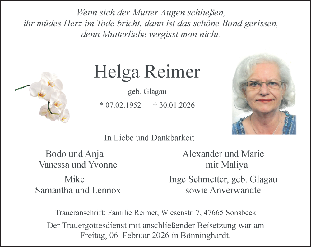  Traueranzeige für Helga Reimer vom 07.02.2026 aus NNA