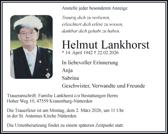 Traueranzeige von Helmut Lankhorst von NNA