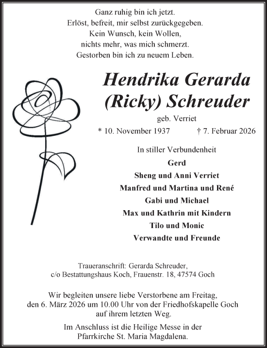 Traueranzeige von Hendrika Gerarda Schreuder von NNA