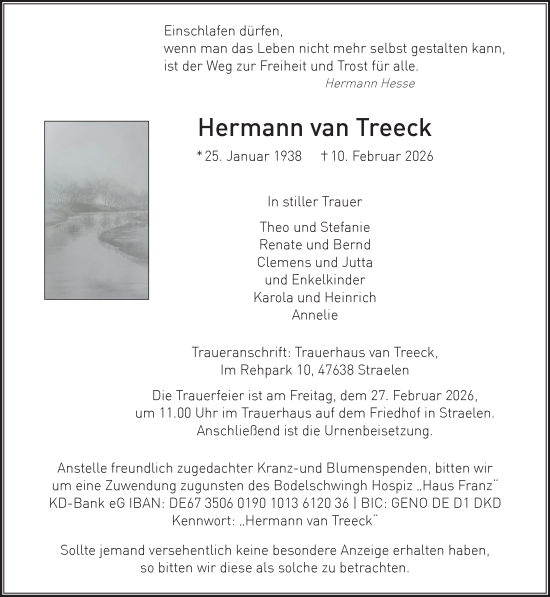 Traueranzeige von Hermann van Treeck von NNA