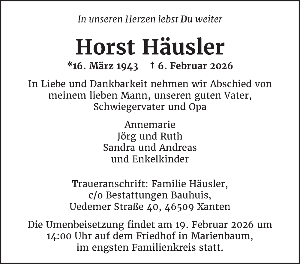  Traueranzeige für Horst Häusler vom 14.02.2026 aus NNA