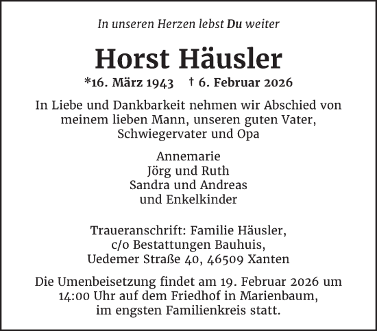 Traueranzeige von Horst Häusler von NNA