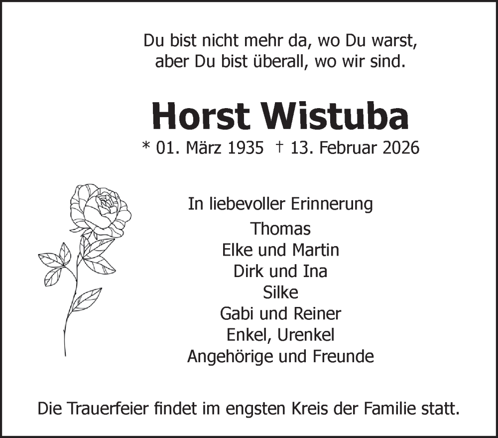  Traueranzeige für Horst Wistuba vom 21.02.2026 aus NNA