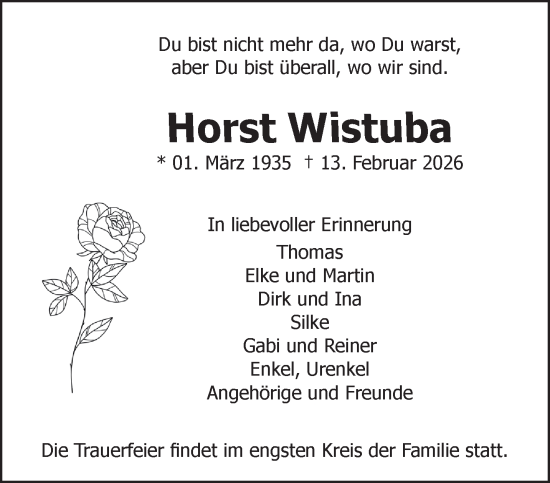 Traueranzeige von Horst Wistuba von NNA