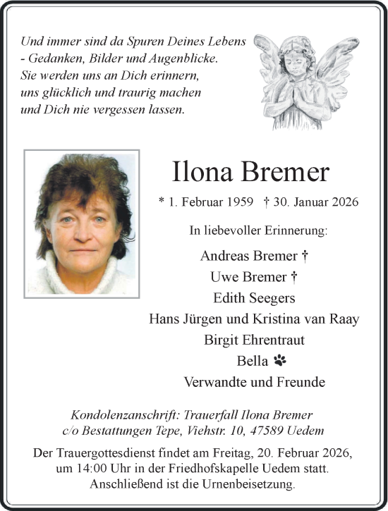 Traueranzeige von Ilona Bremer von NNA