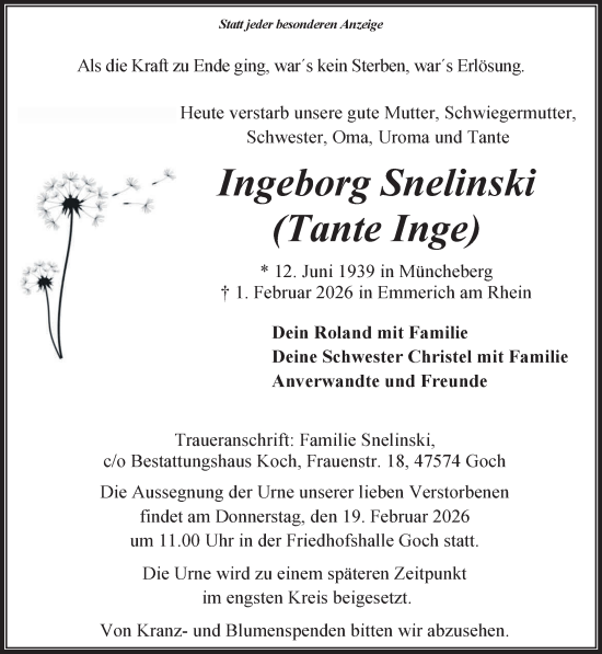Traueranzeige von Ingeborg Snelinski von NNA