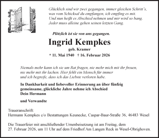 Traueranzeige von Ingrid Kempkes von NNA