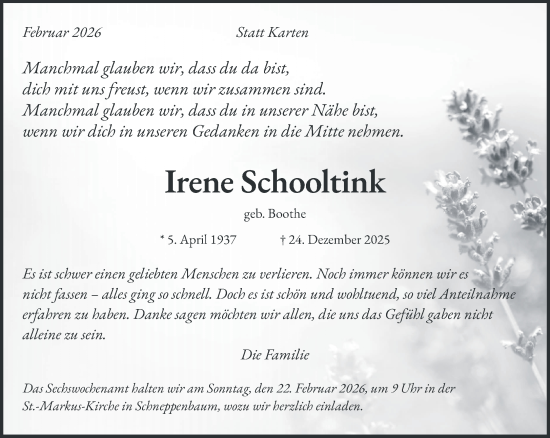 Traueranzeige von Irene Schooltink von NNA