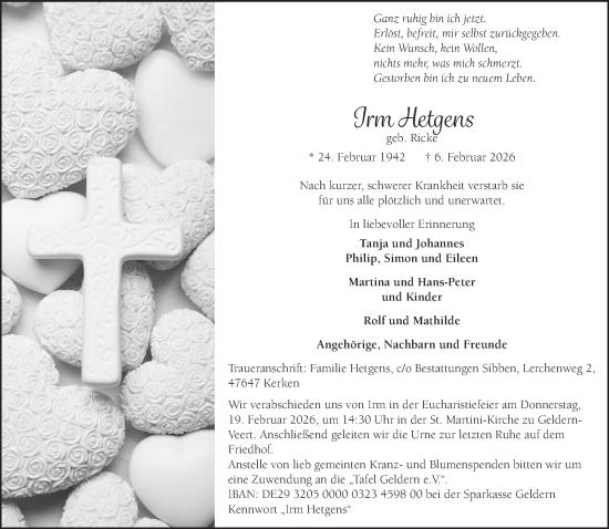 Traueranzeige von Irm Hetgens von NNA