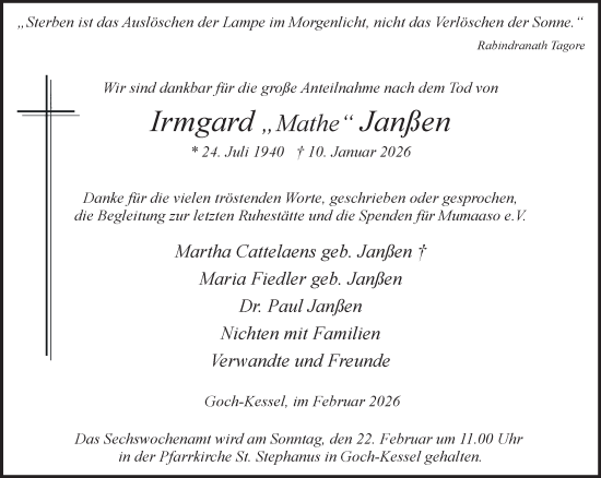 Traueranzeige von Irmgard Janßen von NNA