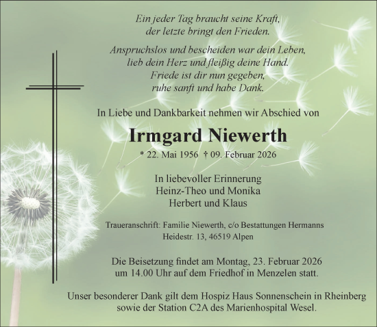 Traueranzeige von Irmgard Niewerth von NNA