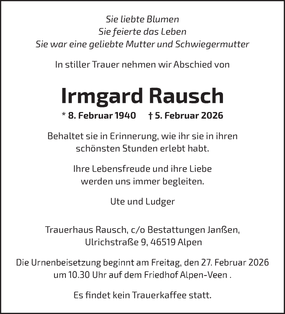  Traueranzeige für Irmgard Rausch vom 21.02.2026 aus NNA