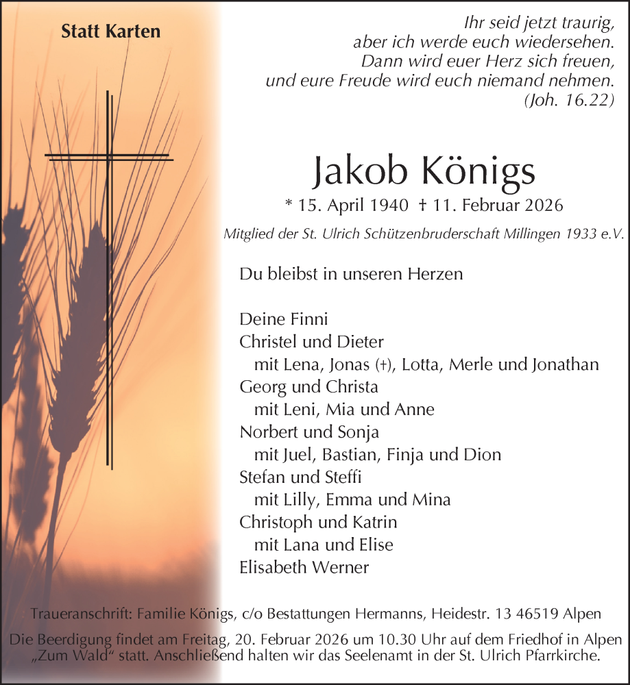  Traueranzeige für Jakob Königs vom 14.02.2026 aus NNA