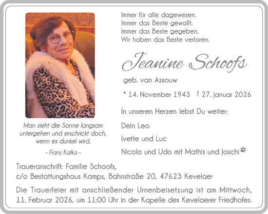 Traueranzeige von Jeanine Schoofs von NNA