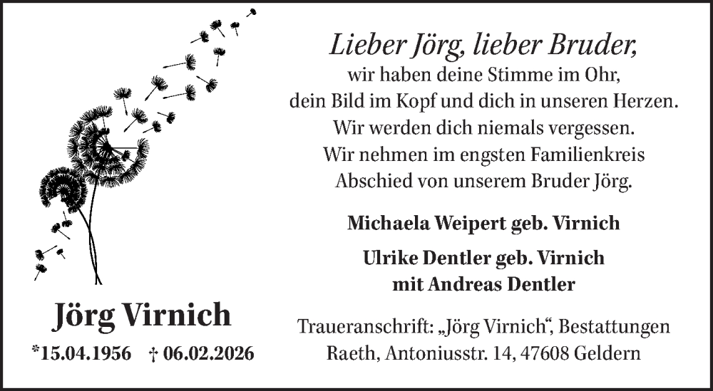  Traueranzeige für Jörg Virnich vom 14.02.2026 aus NNA
