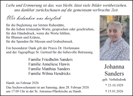 Traueranzeige von Johanna Sanders von NNA
