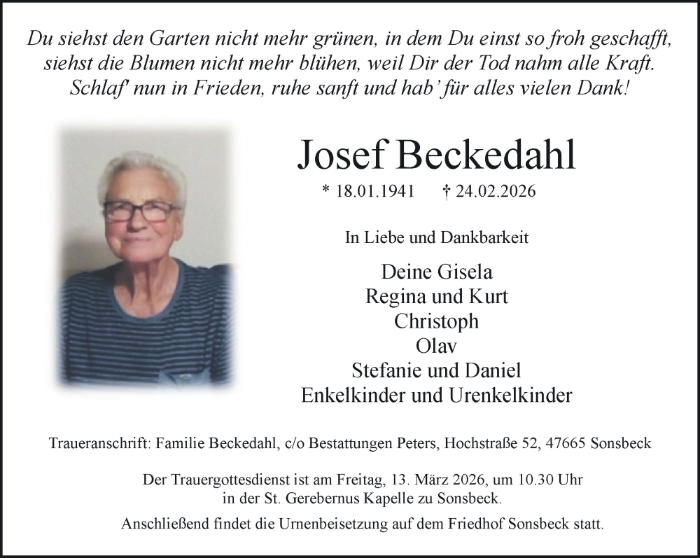 Traueranzeige für Josef Beckedahl vom 28.02.2026 aus NNA
