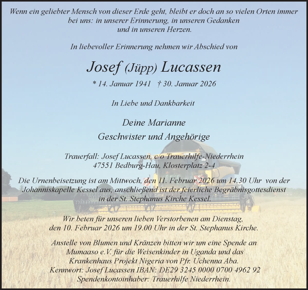  Traueranzeige für Josef Lucassen vom 07.02.2026 aus NNA