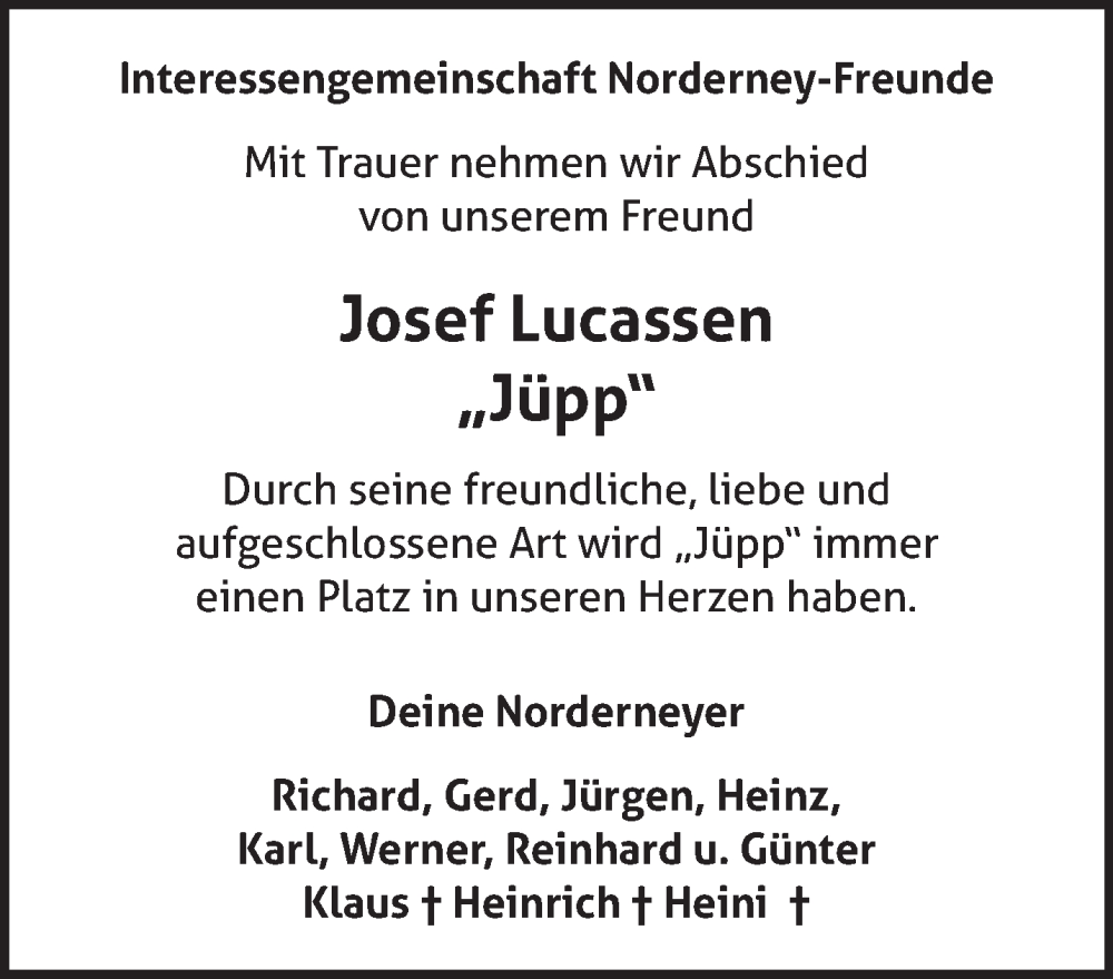  Traueranzeige für Josef Lucassen vom 07.02.2026 aus NNA