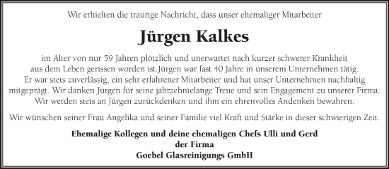 Traueranzeige von Jürgen Kalkes von NNA