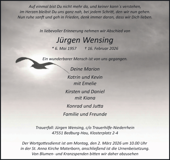 Traueranzeige von Jürgen Wensing von NNA