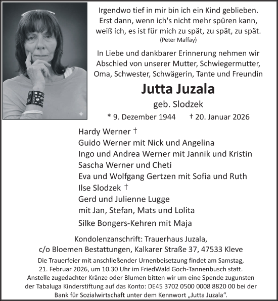 Traueranzeige von Jutta Juzala von NNA