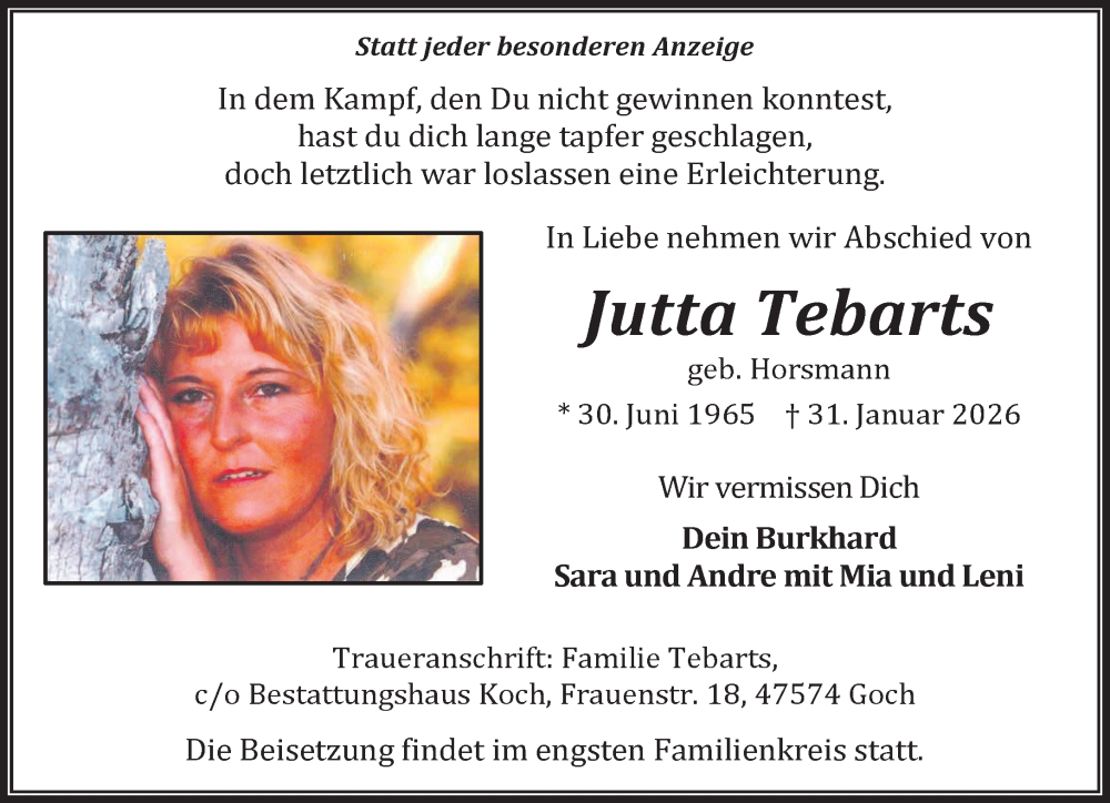  Traueranzeige für Jutta Tebarts vom 07.02.2026 aus NNA