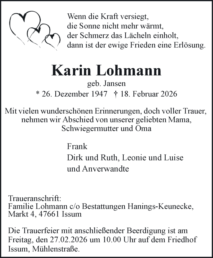  Traueranzeige für Karin Lohmann vom 21.02.2026 aus NNA