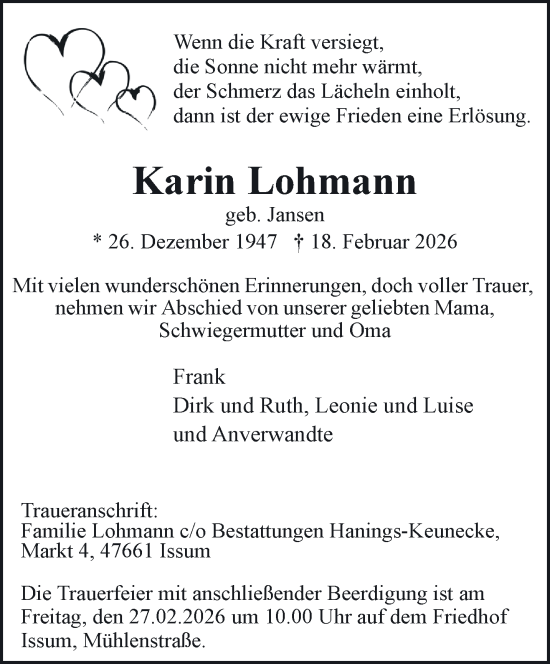 Traueranzeige von Karin Lohmann von NNA