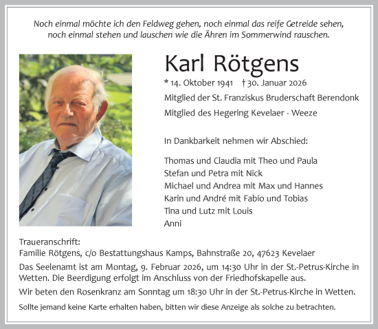 Traueranzeige von Karl Rötgens von NNA