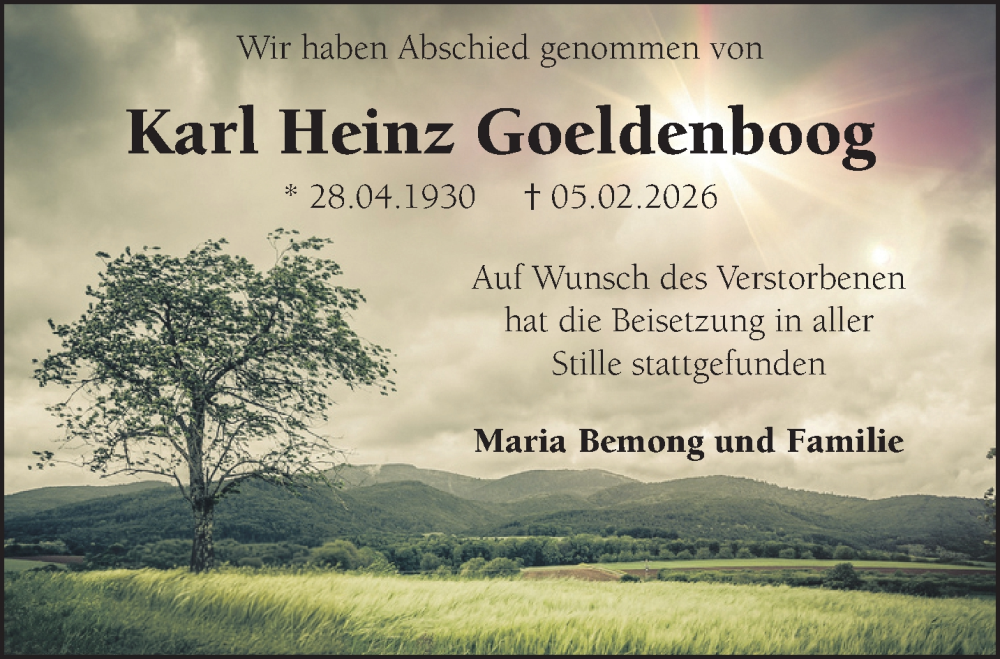  Traueranzeige für Karl Heinz Goeldenboog vom 21.02.2026 aus NNA
