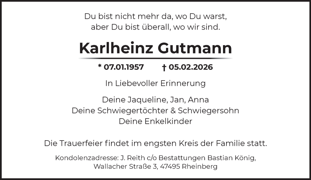  Traueranzeige für Karlheinz Gutmann vom 14.02.2026 aus NNA