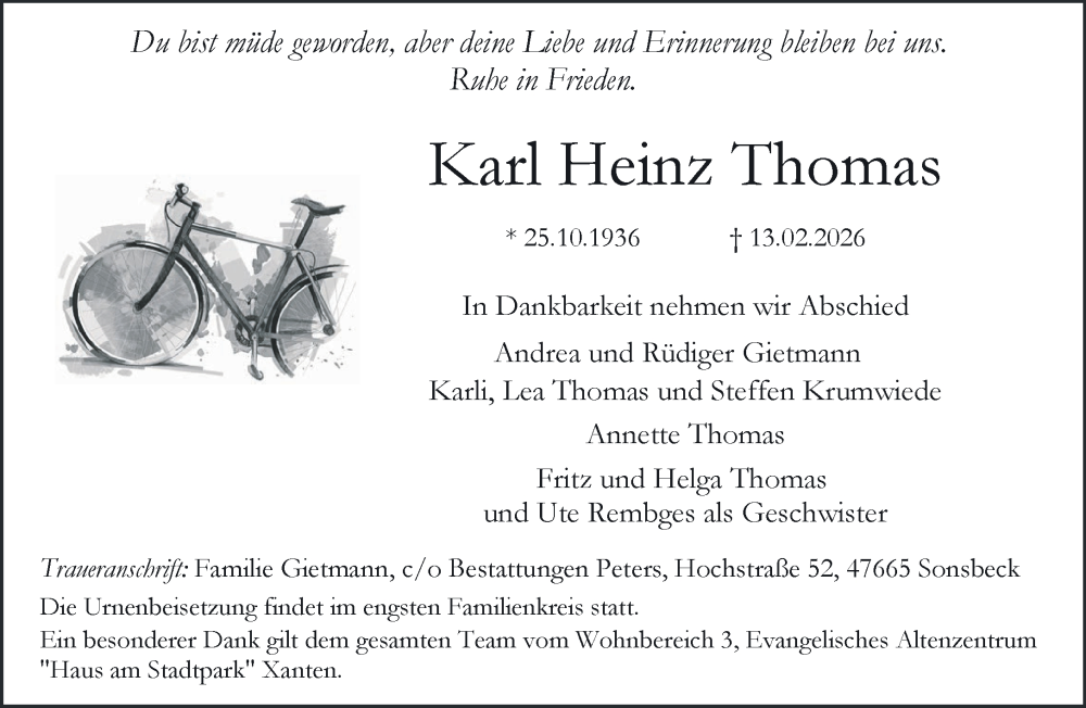  Traueranzeige für Karl Heinz Thomas vom 21.02.2026 aus NNA